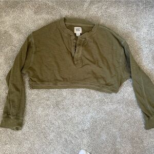 BDG Olive Green WaffleKnit Cropped Henley Long Sleeve, M